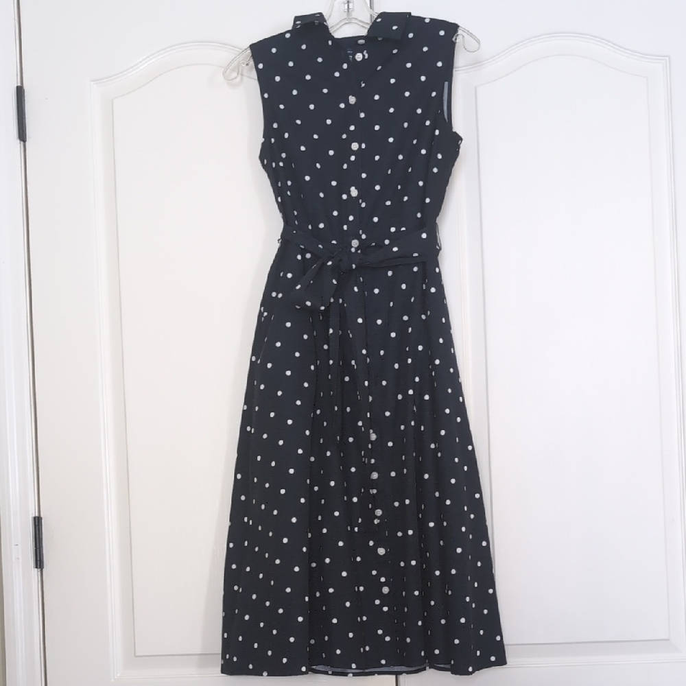 Tommy Hilfilger Midi Polka Dot Sleeveless Shirt Dress - Navy Blue and White
